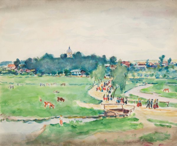 Pejzaz wiejski ze sztafazem  by Ivan Ivanec - Hand-Painted Oil Painting Reproduction