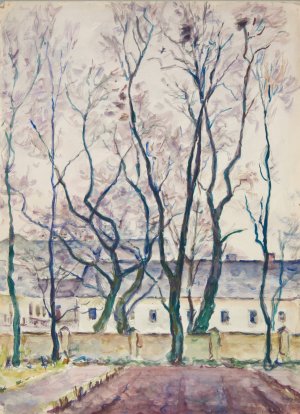 Pejzaz z drzewami i zespolem architektonicznym za murem by Ivan Ivanec Oil Painting