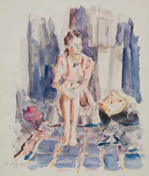 Main Product Photo of Studium mlodej kobiety siedzacej na niskim poslaniu z rekami obejmujacymi kolana  Painting by Ivan Ivanec
