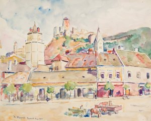 Trenczyn - widok fragmentu miasta ze wzgorzem zamkowym Oil painting by Ivan Ivanec