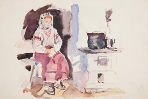 WieSniaczka w haftowanej bialej bluzce i w koralach siedzaca w kuchni przy piecu Oil painting by Ivan Ivanec