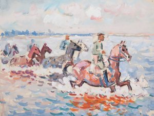 Wojskowi na koniach przeprawiajacy sie przez rzeke by Ivan Ivanec Oil Painting