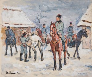 Zolnierze na koniach w zasniezonej wiosce Oil painting by Ivan Ivanec