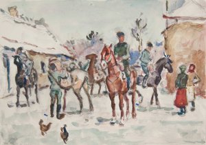 Zolnierze Ukrainskich Strzelcow Siczowych na koniach, wjezdzajacy do wioski by Ivan Ivanec Oil Painting