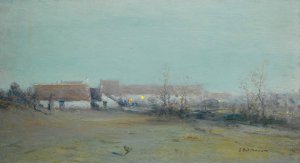 Farm At Dusk by Ivan Pavlovich Pokhitonov Oil Painting