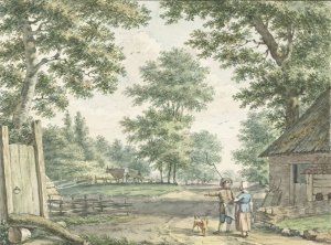 Landschap met twee personen bij een boerenwoning by Izaak Schmidt Oil Painting