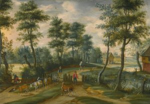 A wooded landscape with drovers and their cattle, a village beyond by Izaak Van Oosten Oil Painting