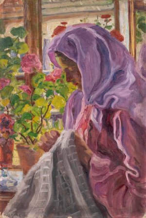 Junge Naherin am Blumenfenster by Izsak Perlmutter Oil Painting