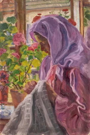 Junge Naherin am Blumenfenster by Izsak Perlmutter Oil Painting