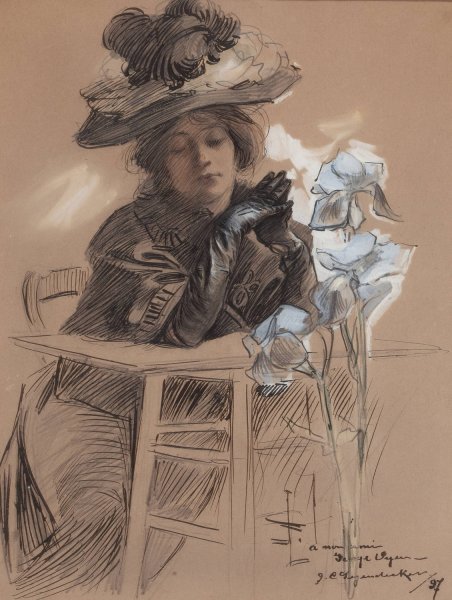 Seated Lady with Elegant Hat  by J.C. Leyendecker - Hand-Painted Oil Painting Reproduction