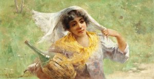 Peasant Woman with Chianti Bottle by J. Charles Arter Oil Painting