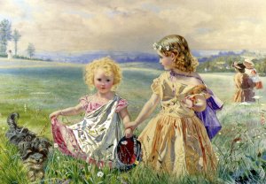 Children Garlanded With Flowers In A Meadow Oil painting by J. Deane Simmons