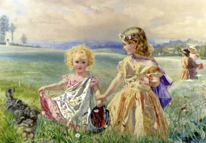Children Garlanded With Flowers In A Meadow by J. Deane Simmons Oil Painting
