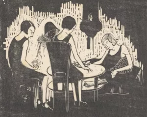 Vier vrouwen zittend aan een tafel by Jac Jongert Oil Painting