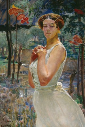 Portrait of a woman against a rowanberry grove by Jacek Malczewski Oil Painting