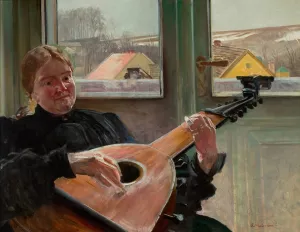 Portrait of artist's sister Helena with a lute by Jacek Malczewski Oil Painting