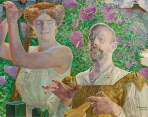 Self-portrait with muse and buddleia Oil painting by Jacek Malczewski