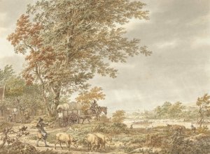 Heuvellandschap met varkenshoeder en andere stoffage, een rivier in de verte by Jacob Cats Oil Painting