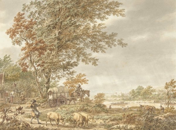 Main Product Photo of Heuvellandschap met varkenshoeder en andere stoffage, een rivier in de verte  Painting by Jacob Cats