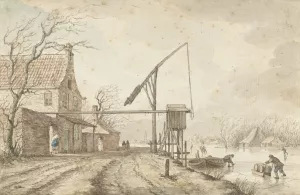 Winterlandschap met huizen en hefboom langs bevroren vaart by Jacob Cats Oil Painting