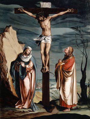 Christ on the Cross between the Virgin and Saint John by Jacob Clauser Workshop Oil Painting