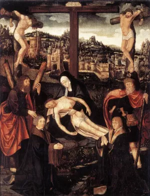 Crucifixion with Donors and Saints by Jacob Cornelisz Van Oostsanen - Oil Painting Reproduction