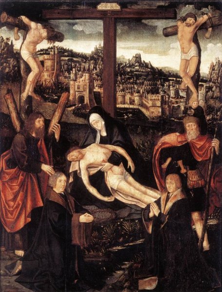 Main Product Photo of Crucifixion with Donors and Saints Painting by Jacob Cornelisz Van Oostsanen