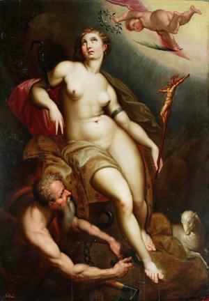 Allegory of Christian patience with Chronos breaking the chains by Jacob De Backer Oil Painting