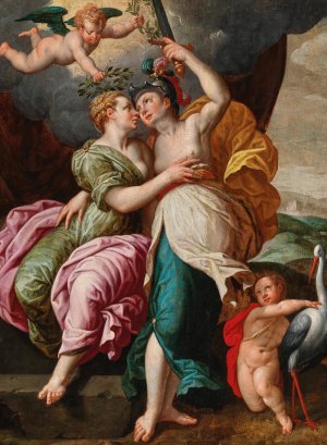 Vigilance Embracing Peace by Jacob De Backer Oil Painting