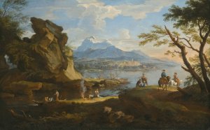 A Harbour Scene With Fishermen Returning To Shore, Some Travellers Setting Up Camp And Two Riders On A Pass, Mountains Beyond by Jacob De Heusch Oil Painting