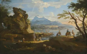 A Harbour Scene With Fishermen Returning To Shore, Some Travellers Setting Up Camp And Two Riders On A Pass, Mountains Beyond Oil painting by Jacob De Heusch