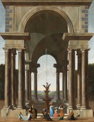 A Classical Portico With An Elegant Company Gathered By A Fountain by Jacob Ferdinand Saeys Oil Painting