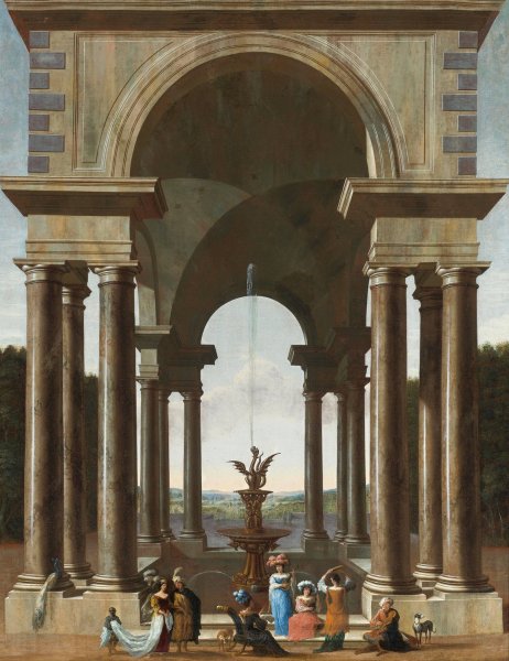 A Classical Portico With An Elegant Company Gathered By A Fountain  by Jacob Ferdinand Saeys - Hand-Painted Oil Painting Reproduction