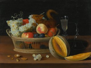 Still Life With A Basket Of Fruit And A Squirrel, Glasses, And A Cut Melon On A Tabletop by Jacob Foppens Van Es Oil Painting