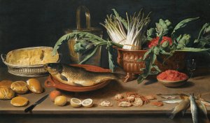 Still Life With A Fish On A Terracotta Plate, Bunches Of Asparagus, Artichokes And Cherries In A Scalloped Dish by Jacob Foppens Van Es Oil Painting