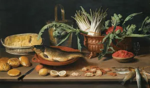 Still Life With A Fish On A Terracotta Plate, Bunches Of Asparagus, Artichokes And Cherries In A Scalloped Dish by Jacob Foppens Van Es Oil Painting