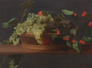 A basket of grapes and raspberries on a ledge oil on panel by Jacob Fopsen Van Es Oil Painting