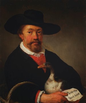 A man wearing a hat and holding a goose and letter by Jacob Gerritsz Cuyp Oil Painting