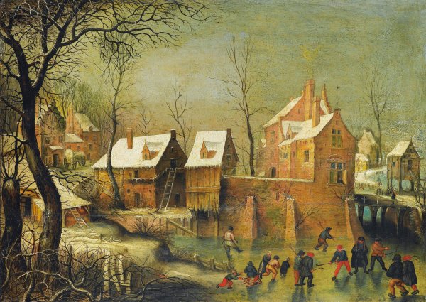 Main Product Photo of Townscape With Skaters On A Frozen River Painting by Jacob Grimmer