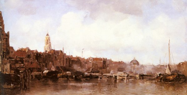A View of a Harbor Town by Jacob Henricus Maris - Hand-Painted Oil Painting Reproduction