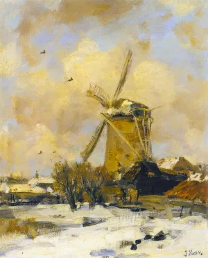 A Windmill in a Winter Landscape by Jacob Henricus Maris Oil Painting