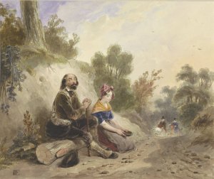 Blinde man met meisje, bedelend aan de kant van een landweg by Jacob Joseph Eeckhout Oil Painting
