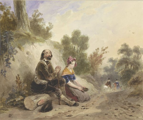Blinde man met meisje, bedelend aan de kant van een landweg  by Jacob Joseph Eeckhout - Hand-Painted Oil Painting Reproduction