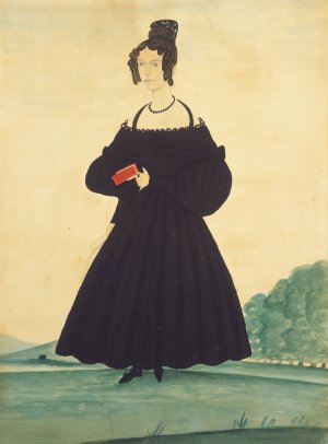 Woman in Landscape Holding Red Book  by Jacob Maente Oil Painting