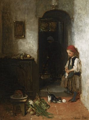 A Girl With A Playing Kitten by Jacob Maris Oil Painting