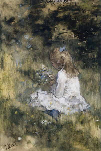 Main Product Photo of A Girl with Flowers on the Grass  Painting by Jacob Maris