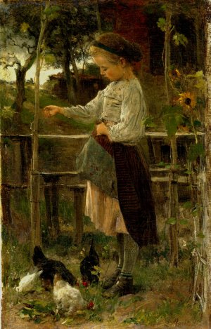 Feeding Chickens by Jacob Maris Oil Painting