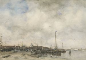 Gezicht op een stad by Jacob Maris Oil Painting