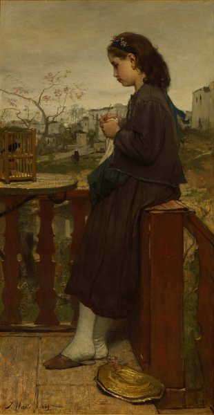 Main Product Photo of Girl knitting on a balcony, Montmartre Painting by Jacob Maris
