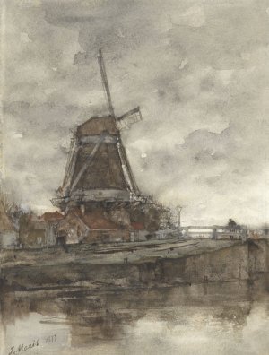 Molen en de brug bij de Noord-West-Buitensingel in Den Haag Oil painting by Jacob Maris